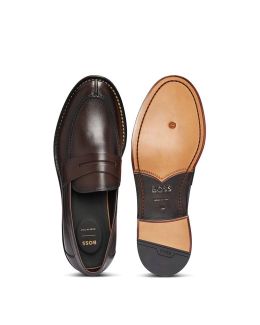 Boss Brown Leather Slip-on Loafers With Penny Trim for men