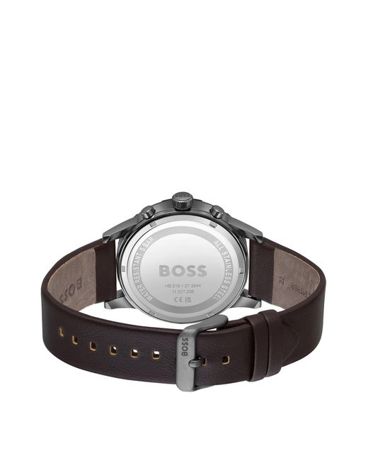 Boss Metallic Blue-dial Chronograph Watch With Brown Leather Strap for men