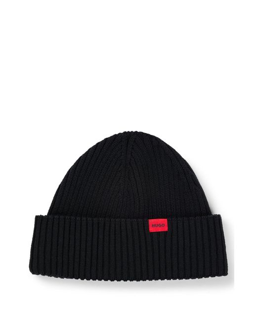 HUGO Black Ribbed Beanie Hat With Red Logo Label for men