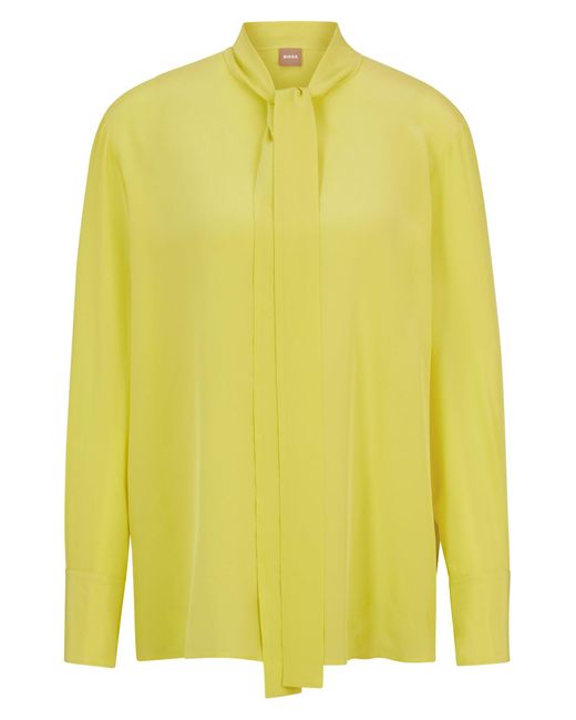 Boss Yellow Relaxed-fit Blouse In Washed Silk With Tie Collar
