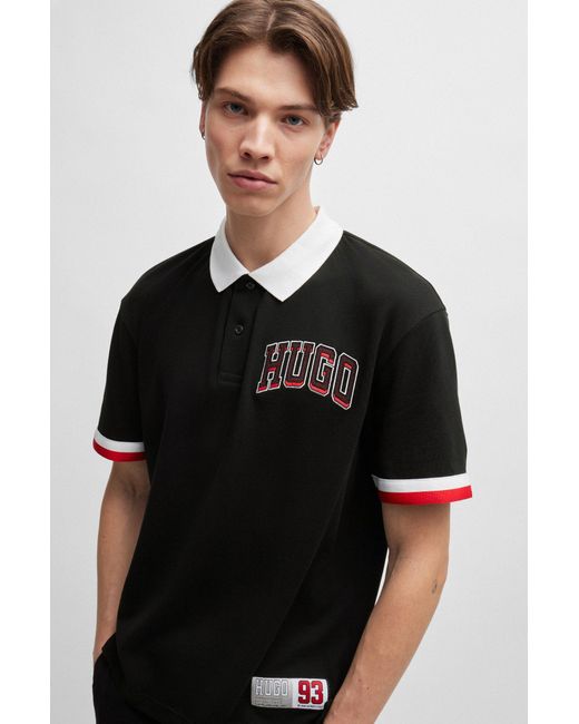 HUGO Black Cotton-piqué Polo Shirt With Varsity-style Logo Badge for men