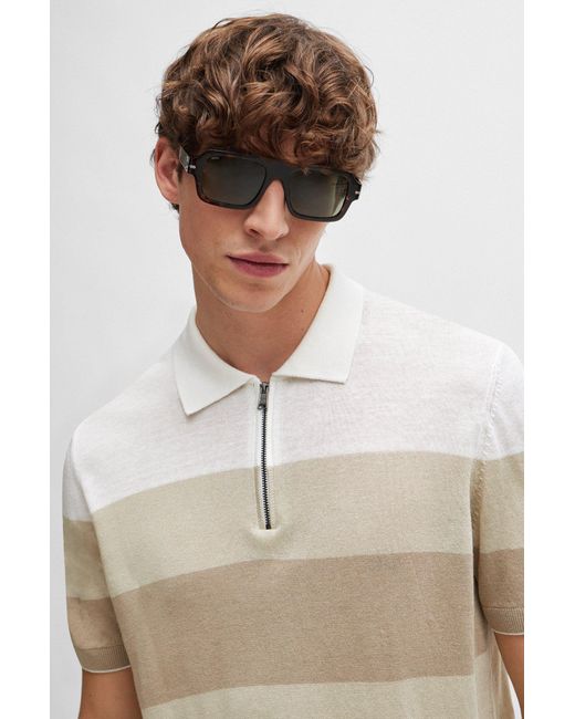 Boss Natural Zip-neck Polo Sweater In A Linen Blend for men