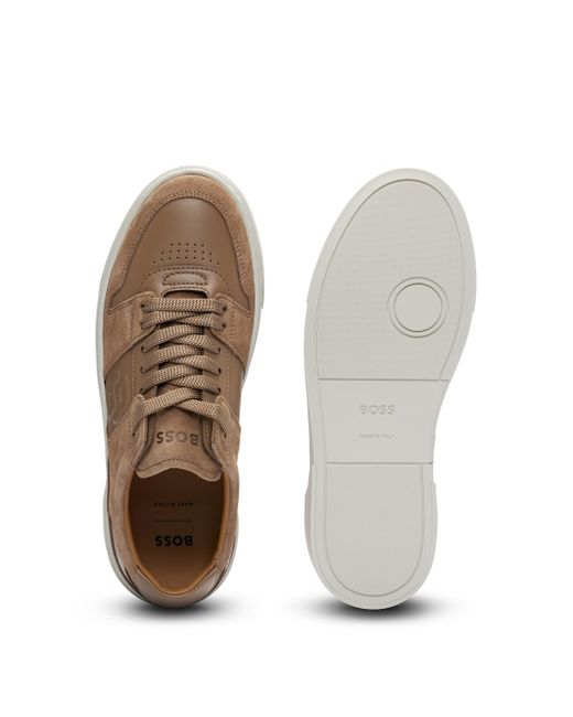 Boss Brown Leather Lace-up Trainers With Suede Trims