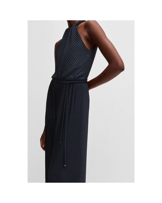 Boss Blue Sleeveless Jumpsuit With Plissé Pleats And Tie Belt