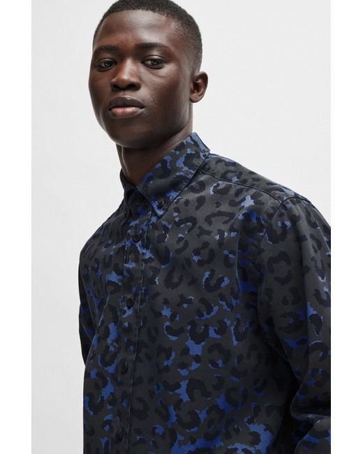 Boss Blue Relaxed-fit Shirt In Leopard-print Cotton Twill for men