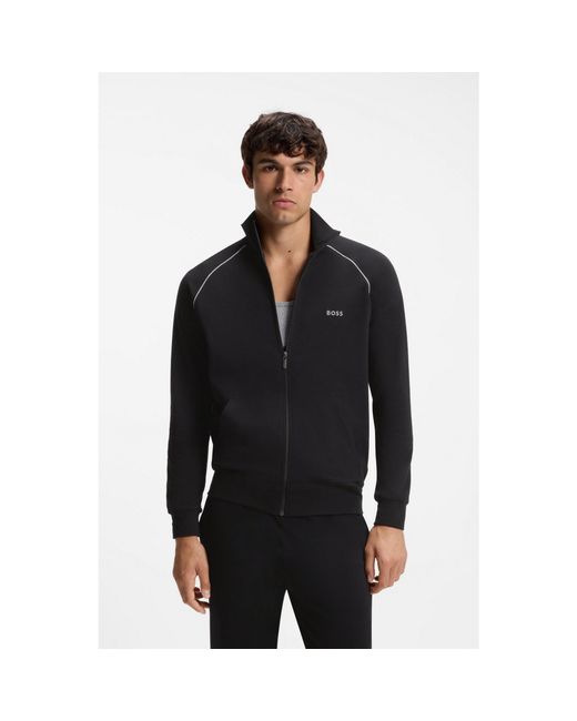 Boss Blue Stretch-Cotton Zip-Up Jacket With Embroidered Logo for men