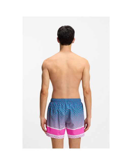 HUGO Blue Printed Swim Shorts With Stripe And Logo for men