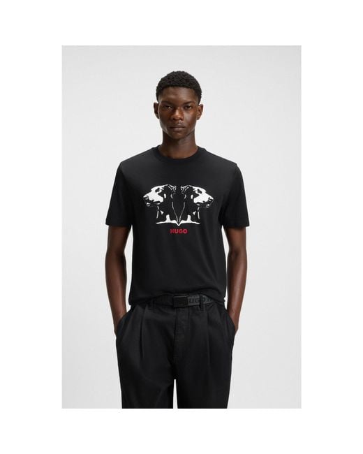 HUGO Black Cotton-Jersey T-Shirt With Dobermann Print for men