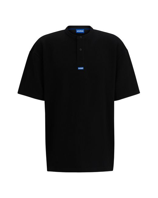 HUGO Black Cotton-blend Loose-fit T-shirt With Henley Neckline for men