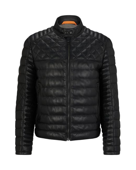 Boss Black Nappa Leather Jacket With Stand Collar for men
