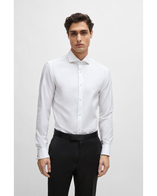 Boss Slim-fit Overhemd Van Gestructureerde Katoen Met Gespreide Kraag in het White voor heren