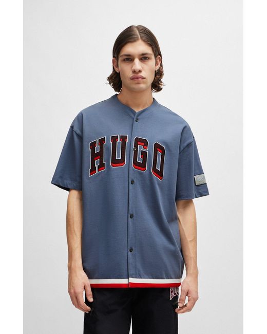 HUGO Blue Oversized-fit Basketball T-shirt With Varsity-style Branding for men