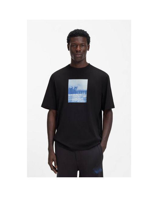 HUGO Black Cotton-Jersey T-Shirt With Printed Artwork for men