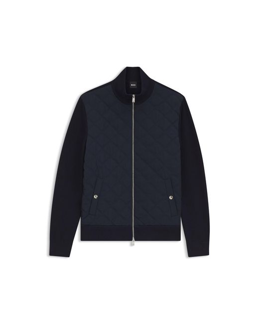 Boss Blue Knitted-Wool Jacket With Quilted Front for men