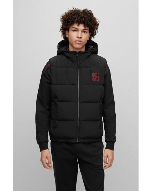 HUGO Black Slim-fit Water-repellent Puffer Gilet With Stacked Logo for men