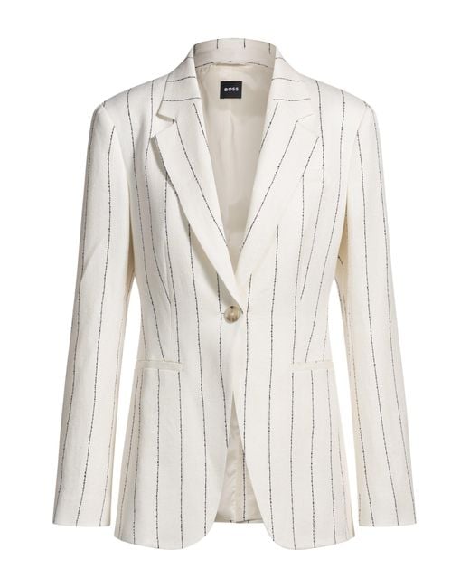 Boss White Slim-Fit Blazer Aus Gestreiftem Leinen-Mix Mit Bouclé-Struktur