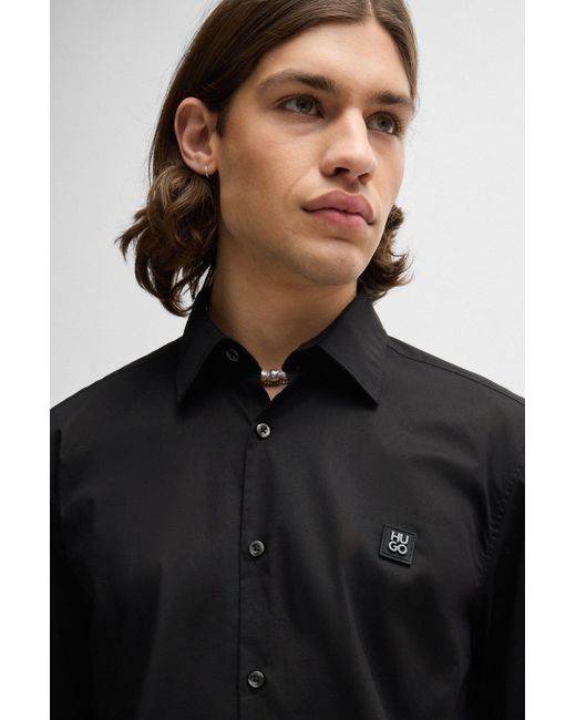 HUGO Black Slim-fit Shirt In Stretch Cotton With Stacked Logo for men