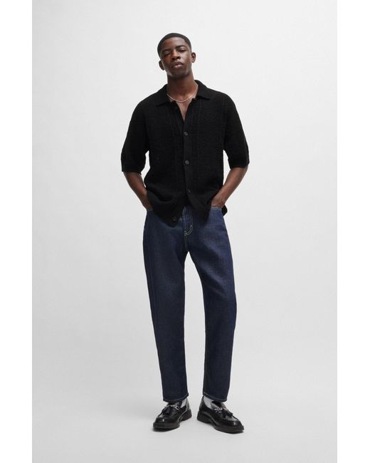 HUGO Black Relaxed-fit Short-sleeved Cardigan In Crochet Cotton for men