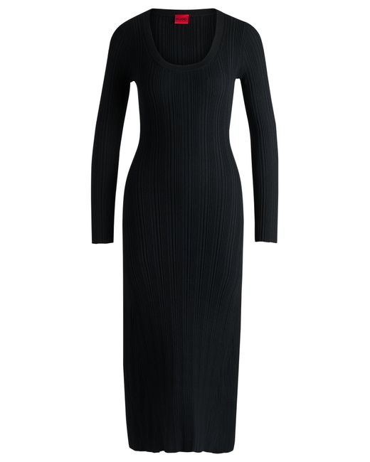 HUGO Black Slim-fit Midi-length Dress With Irregular Ribbed Structure