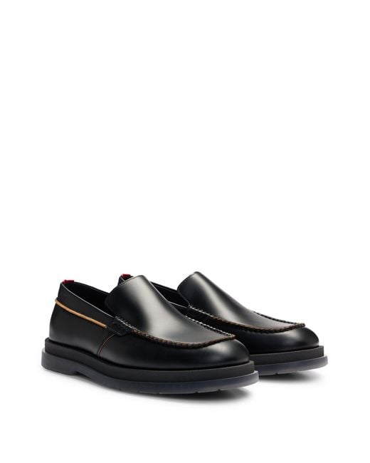 HUGO Black Leather Loafers With Translucent Rubber Sole for men