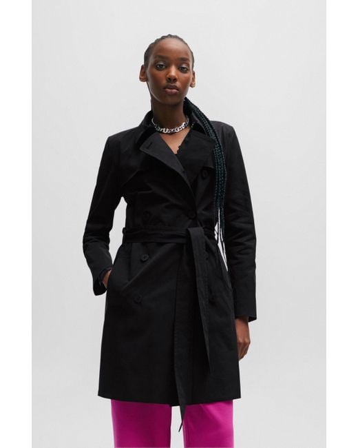 HUGO Black Belted Trench Coat In Stretch Cotton