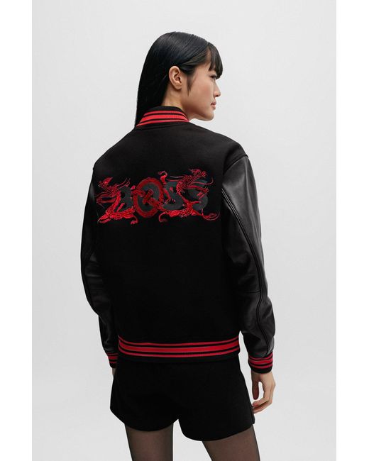 Boss Black Mixed-material Leather Jacket With Special Branding for men