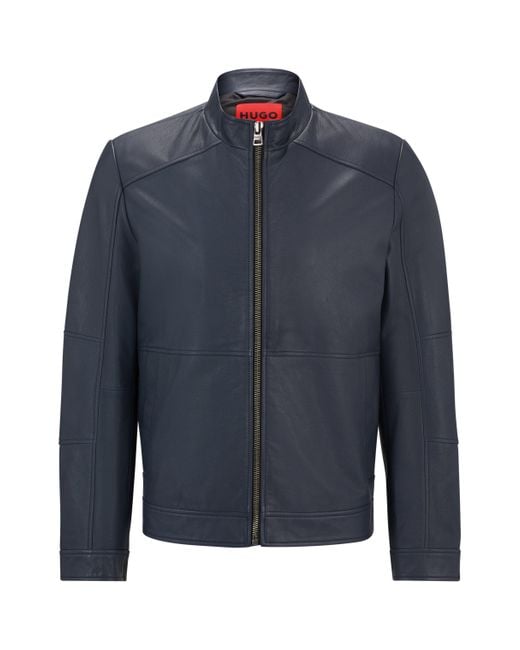 HUGO Blue Extra-slim-fit Leather Jacket With Red Lining for men