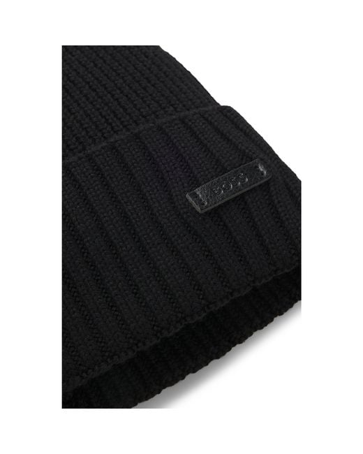 Boss Black Rib-Knit Virgin-Wool Beanie With Logo Plaque for men