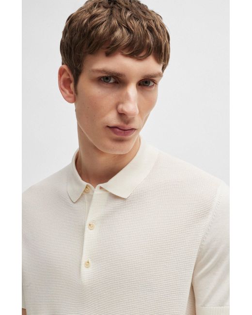 Boss White Mixed-structure Polo Sweater In Silk And Cotton for men