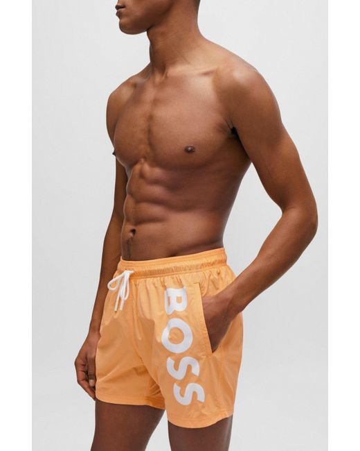 Boss Badeshorts aus schnell trocknender Popeline mit vertikalem Logo-Print in Orange für Herren