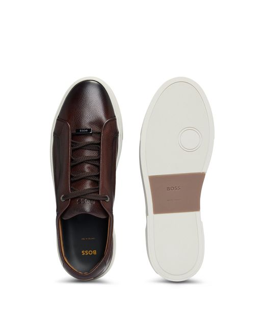 Boss Brown Gary Grained-leather Low-top Trainers With Branded Metal Lace Loop for men