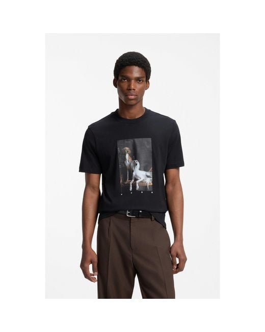 HUGO Black Cotton-Jersey T-Shirt With Graphic Print for men