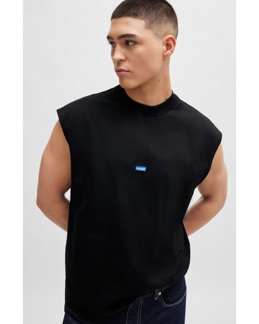 HUGO Mouwloos T-shirt Van Katoenen Jersey Met Blauw Logolabel in het Black voor heren