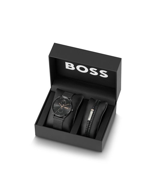 Boss Black Tyler Mesh-Bracelet Watch And Braided Leather Cuff Gift Set for men