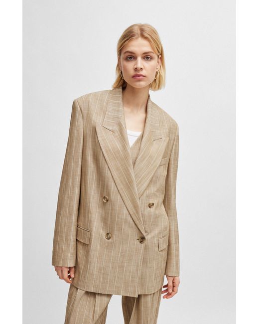 Boss Natural Double-breasted Jacket In Pinstripe Stretch Fabric