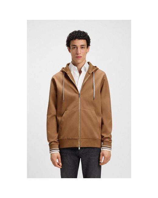 Boss Brown Cotton-Blend Zip-Up Hoodie With Patterned Drawcords for men