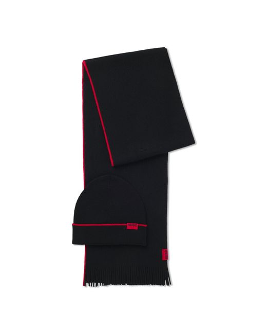 HUGO Black Logo-Label Hat And Scarf Set With Wool for men