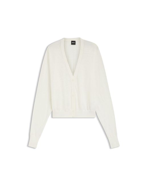 Boss White Linen-Cotton Cardigan With Buttoned Front