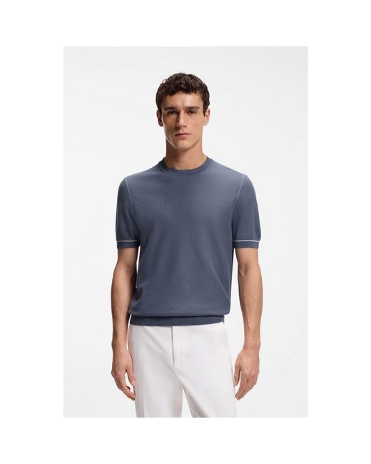 Boss Blue Cotton-Blend Knit T-Shirt With Horizontal Stripe for men