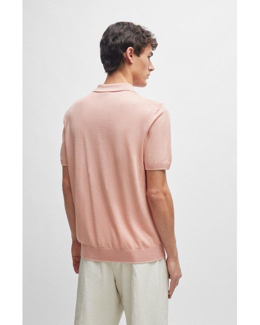 Boss Pink Zip-neck Polo Sweater In A Linen Blend for men