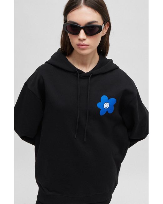 HUGO Black Cotton-terry All-gender Hoodie With Flower-print Logos