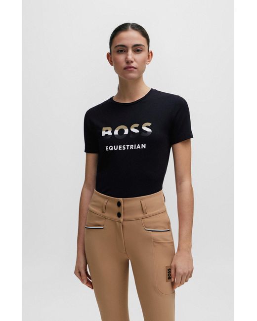 Boss Blue Equestrian Stretch-cotton T-shirt With Logo Details