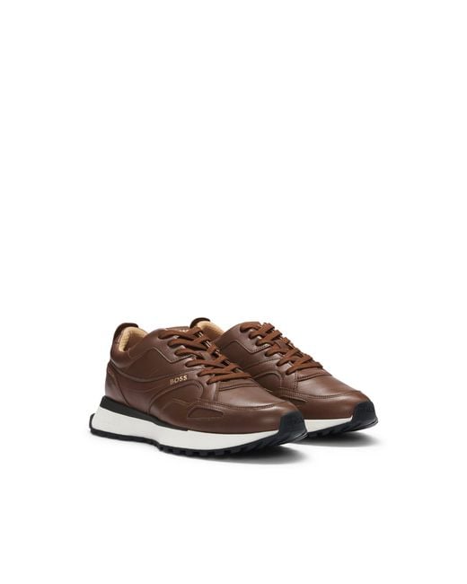 Boss Brown Running-Inspired Trainers With Burnished-Leather Uppers for men