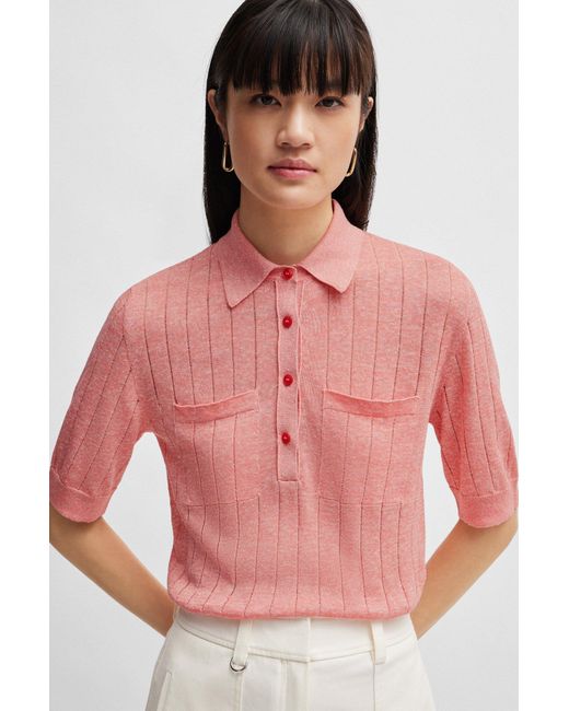 Boss Pink Linen-blend Sweater With Polo Collar