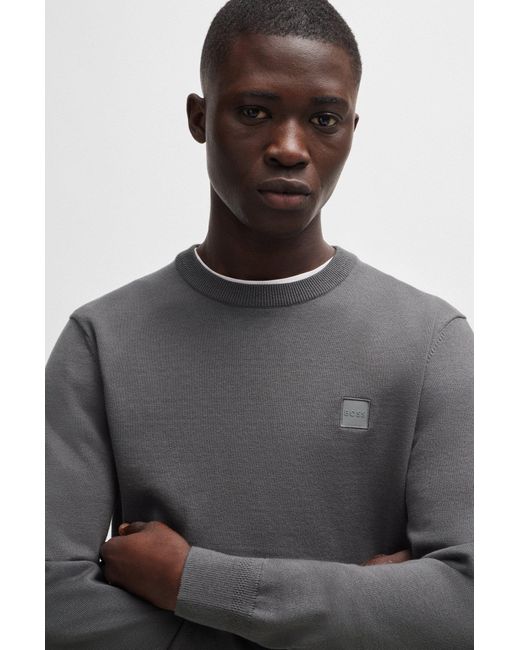 Boss Gray Crew-neck Sweater In Cotton And Cashmere With Logo for men