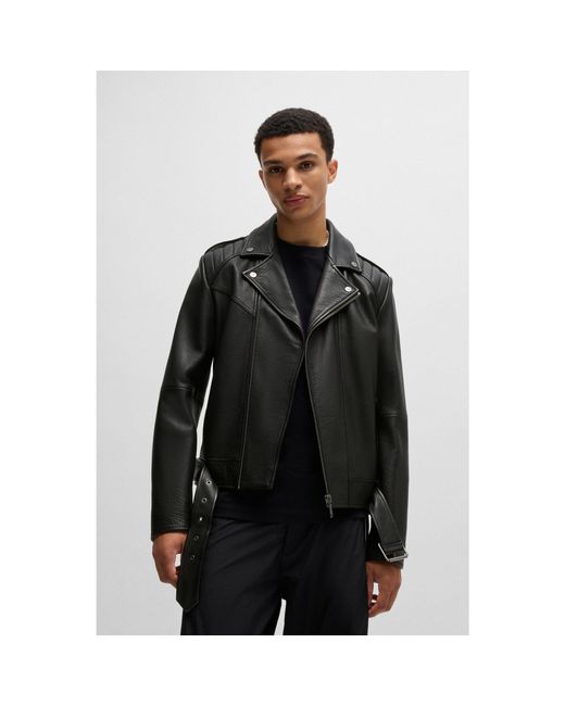 HUGO Black Buffalo-Leather Jacket With Contrast Lining for men