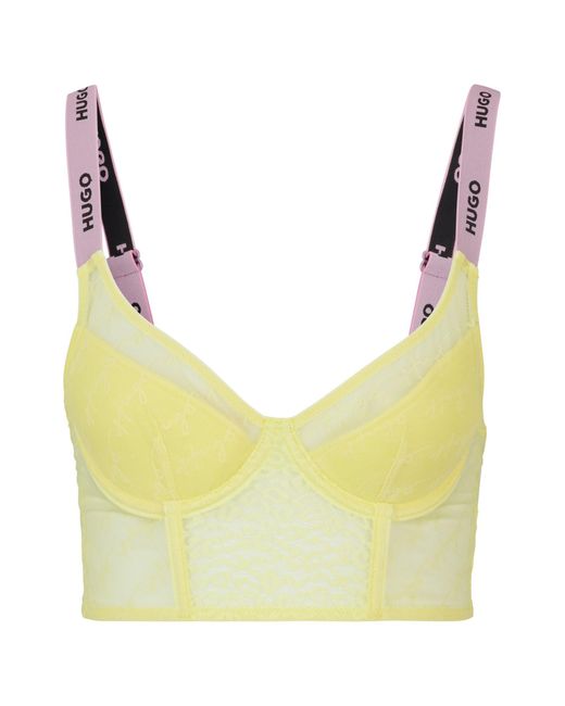 HUGO Yellow Lace Bra With Branded Straps And Hook And Eye Closure