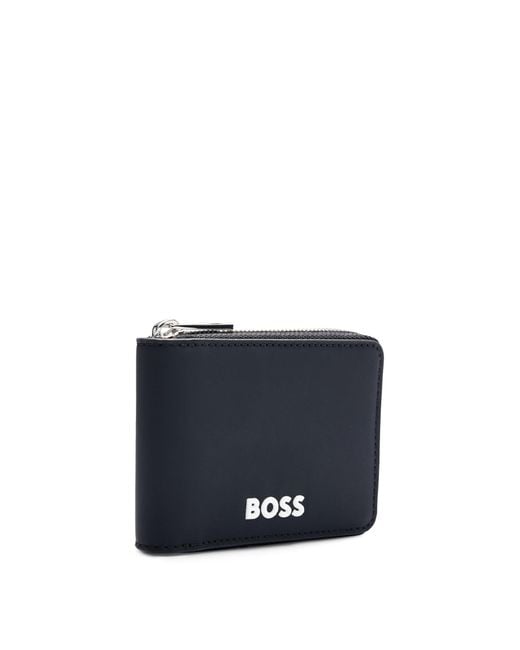 Boss Blue Faux-leather Ziparound Wallet With Contrast Logo for men