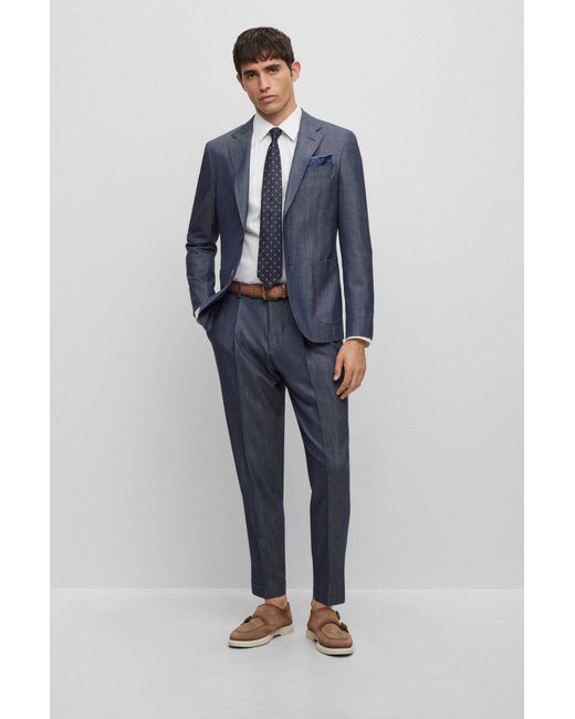 Boss Blue Slim-fit Suit In Stretch Wool With Silk And Linen for men