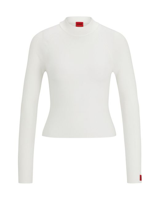HUGO White Pullover aus Rippstrick mit Stehkragen und Logo-Etikett